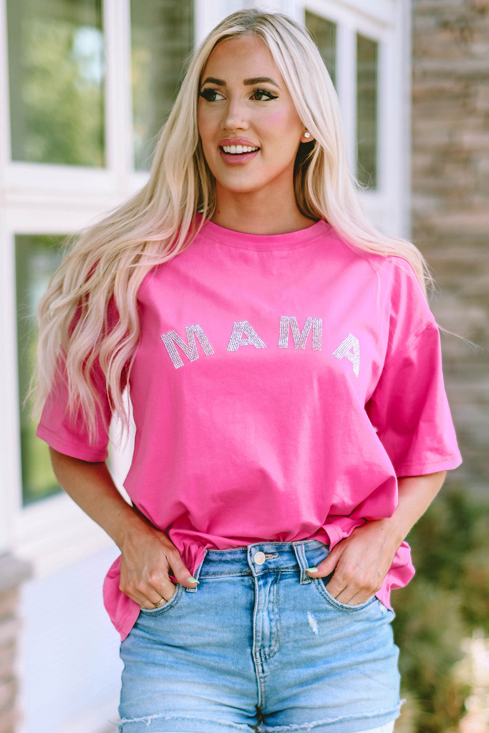 Rhinestone MAMA Relaxed Graphic Tee – Rose Pink