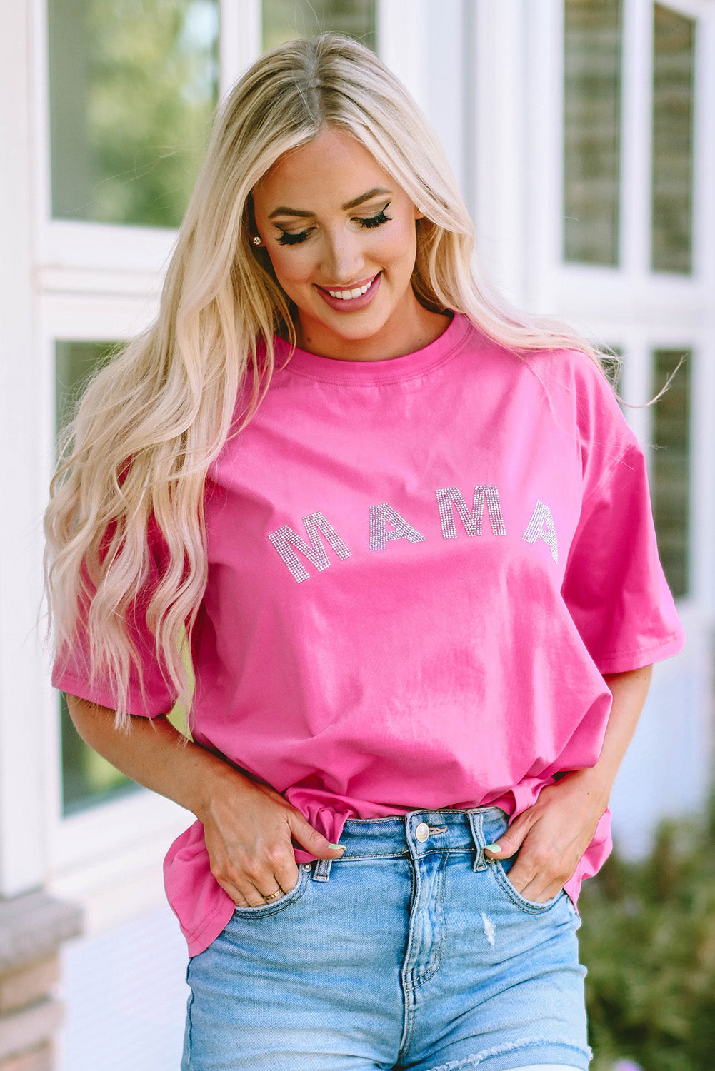 Rhinestone MAMA Relaxed Graphic Tee – Rose Pink