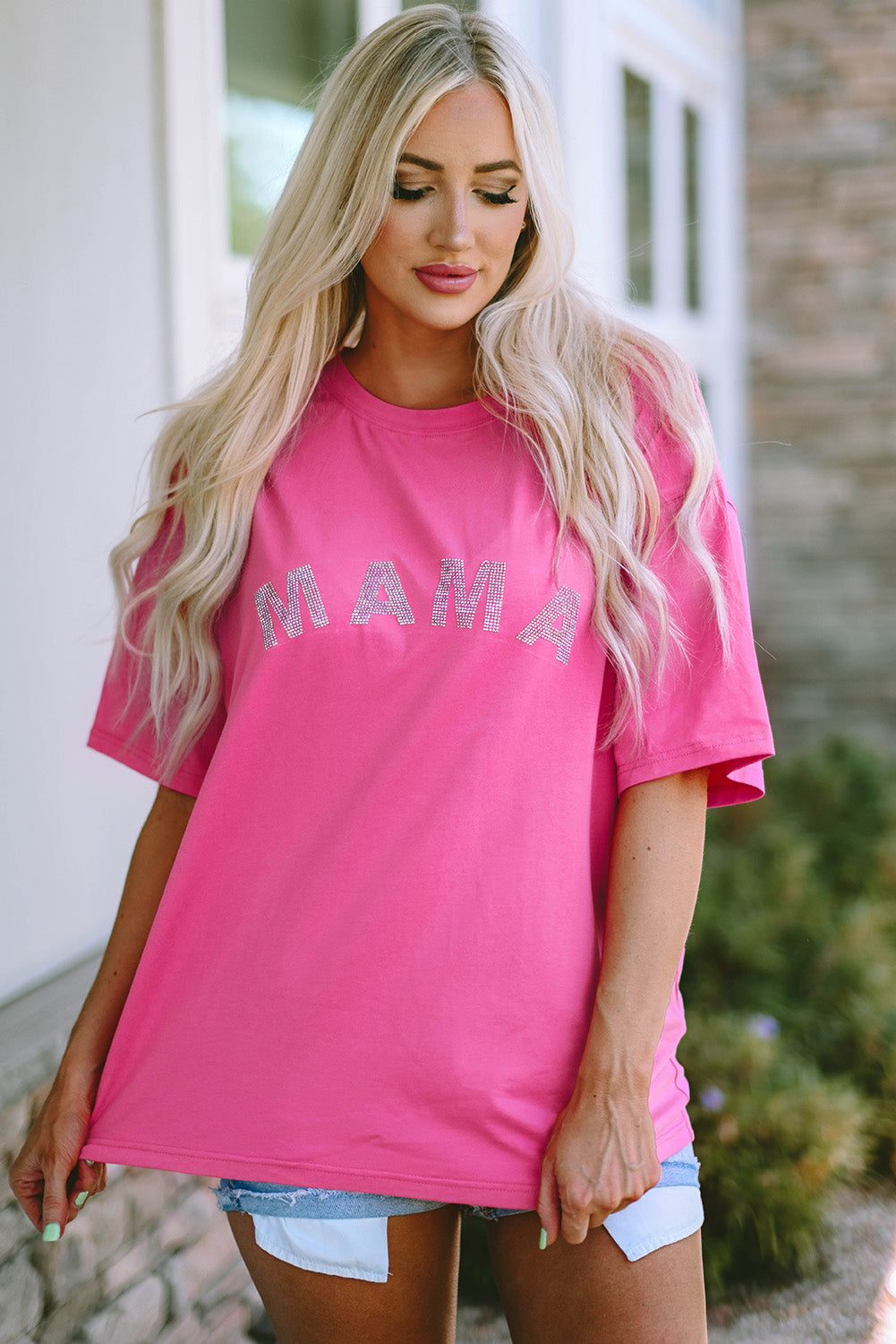 Rhinestone MAMA Relaxed Graphic Tee – Rose Pink