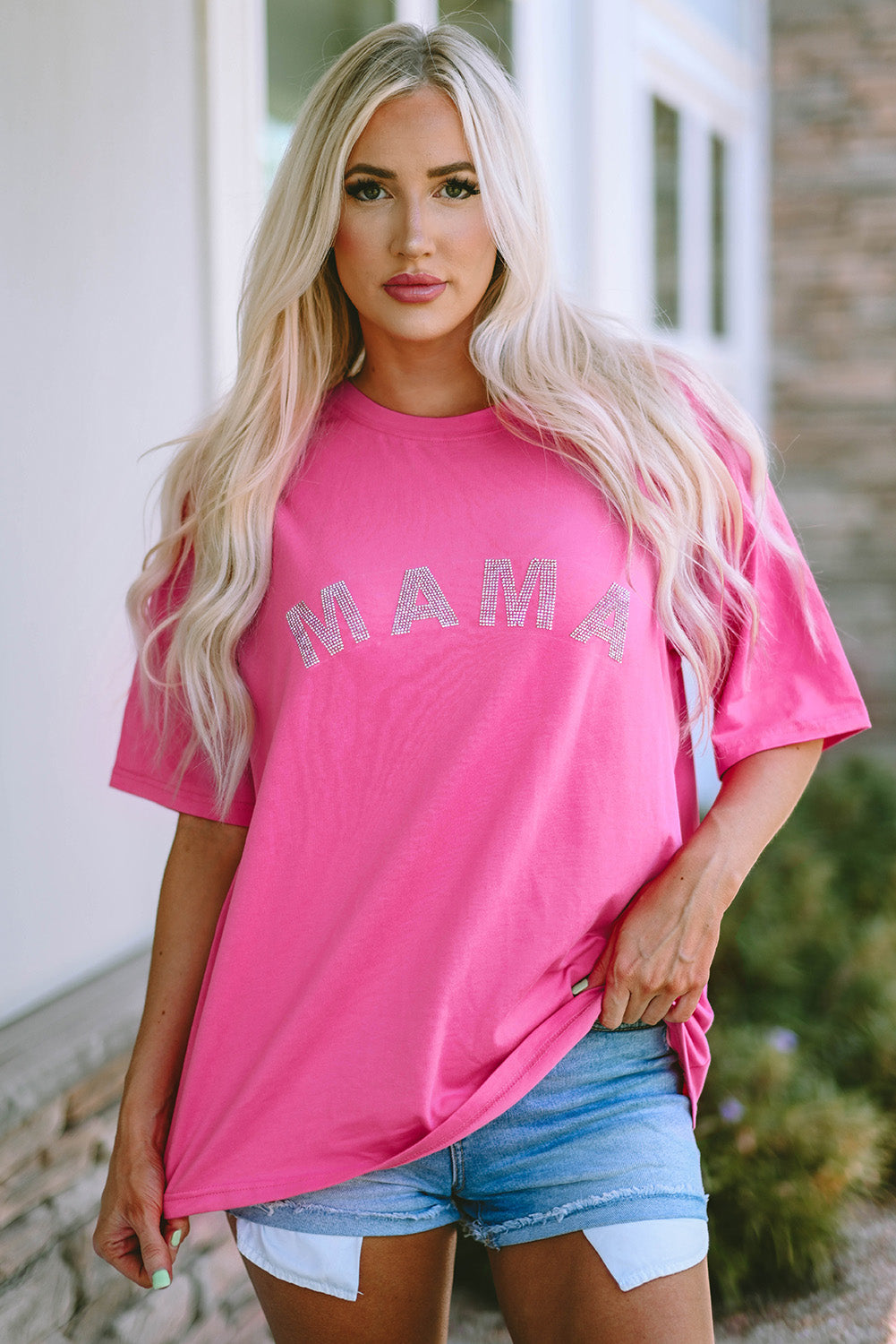 Rhinestone MAMA Relaxed Graphic Tee – Rose Pink